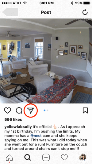 Ak by Nest chcela kontaktovať tohto používateľa Instagramu so žiadosťou o povolenie na použitie jeho obsahu, mohla by nadviazať komunikáciu klepnutím na ikonu priamej správy.