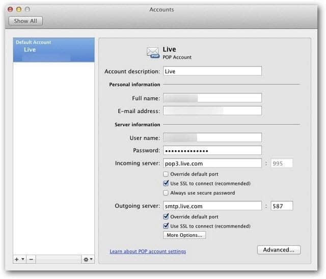 Microsoft Outlook Mac 2011: Nastavenie služby Windows Live Mail pomocou protokolu POP3