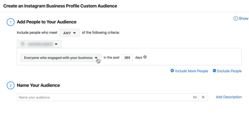 screenshot okna Vytvoriť vlastný obchodný profil Instagramového profilu s predvoleným nastavením všetkých, ktorí sa zapojili do vašej firmy za posledných 365 dní