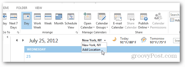 Prehliadka počasia kalendárom Outlook 2013 – kliknite na Pridať miesto
