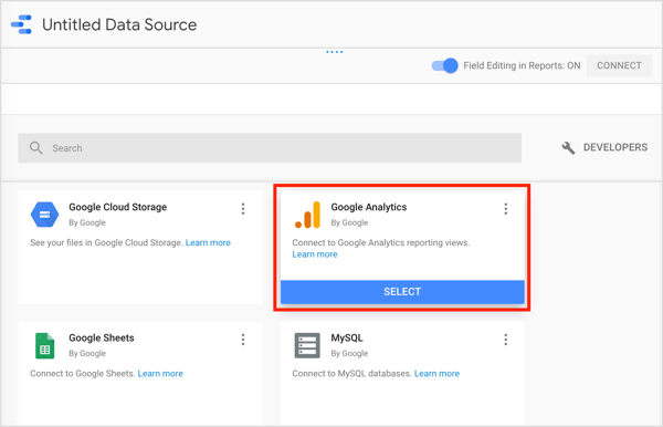 Vyberte konektor Google Analytics v Google Data Studio.