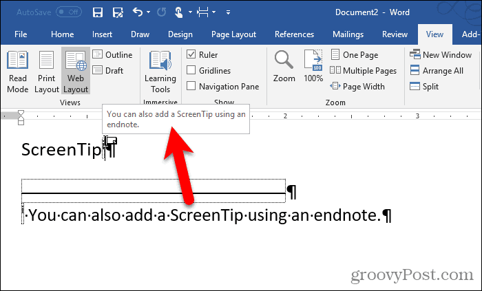 ScreenTip v poznámke v programe Word