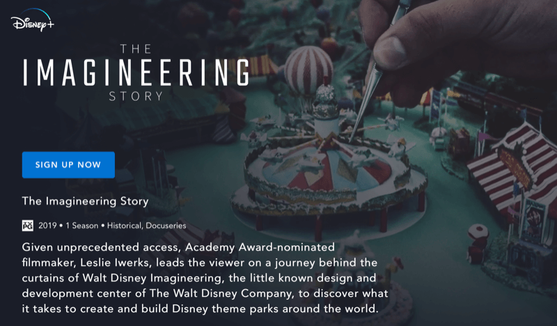 Webová stránka Disney + pre The Imagineering Story