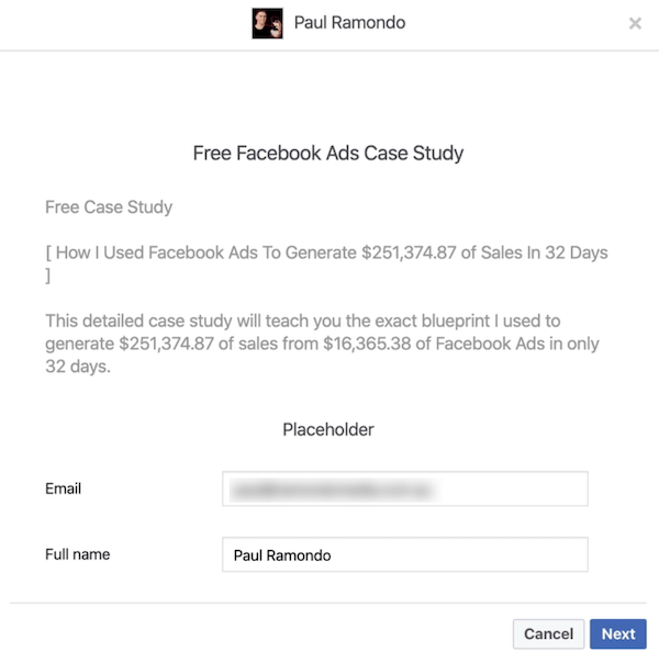 Náhľad formulára pre potenciálnych zákazníkov na Facebooku