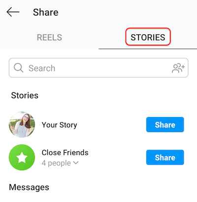 snímka obrazovky s uverejňovaním príspevkov v instagrame zobrazujúca kartu príbehov, ktorá umožňuje zdieľanie valcov s vaším príbehom alebo so zoznamom blízkych priateľov
