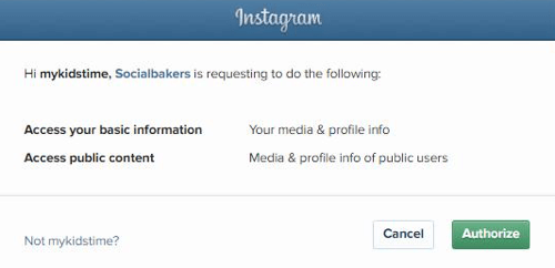 Autorizujte Socialbakers na prístup k informáciám o vašom účte Instagram.