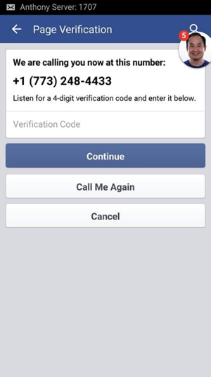 Počkajte na hovor z Facebooku a zapíšte si štvormiestny overovací kód, ktorý ste dostali.