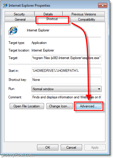 karta skratiek vo vlastnostiach skratiek pre skratky systému Windows 7