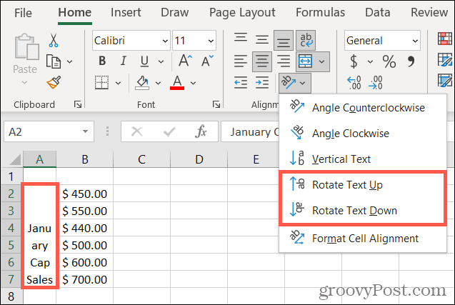 Otočenie textu nahor alebo nadol v programe Excel