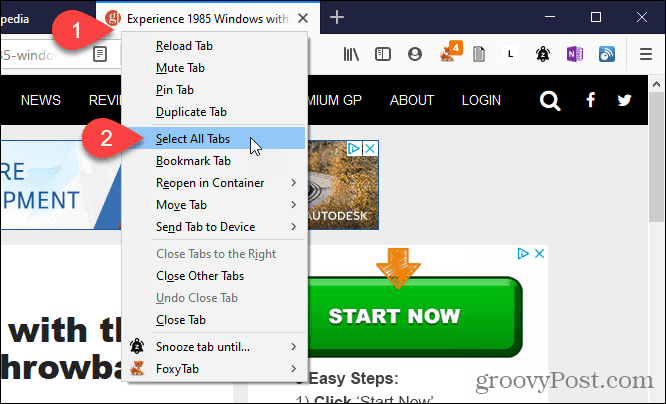 V prehliadači Firefox vyberte možnosť Vybrať všetky karty