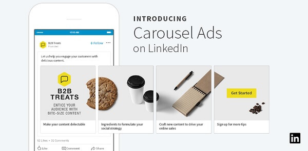 LinkedIn zaviedol nové karuselové reklamy na sponzorovaný obsah, ktoré môžu obsahovať až 10 prispôsobených kariet na posunutie.