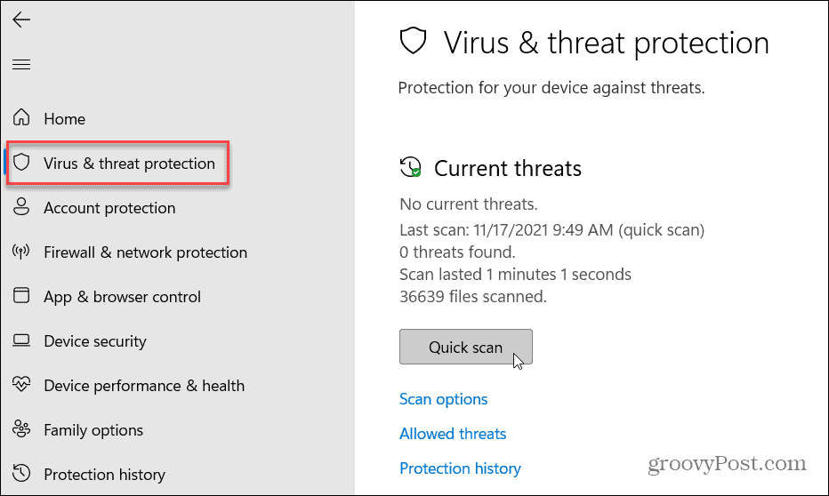 Ochrana pred vírusmi a hrozbami Windows 11