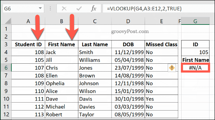 Ďalší príklad chyby NA s programom VLOOKUP v Exceli, pretože rozsah údajov nebol správne triedený