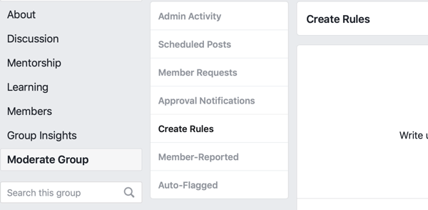 Ako vylepšiť svoju komunitu v skupine Facebook, možnosť ponuky Facebook vytvoriť pravidlá na moderovanie vašej skupiny