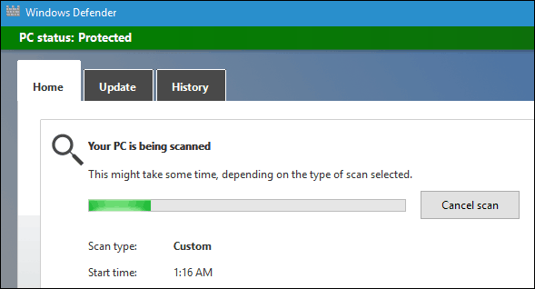 Skenovanie programu Windows Defender