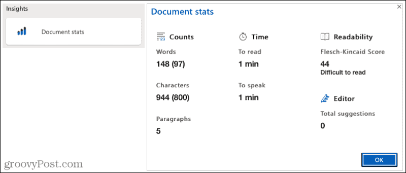 Štatistiky dokumentov aplikácie Microsoft Editor