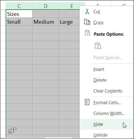 Skryť odkaz na stĺpec v programe Excel vo Windows