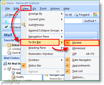 Panel úloh programu Outlook 2007 – prispôsobenie zobrazenia na normálne