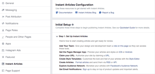 obrazovka konfigurácie okamžitých článkov na facebooku