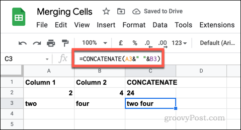 Príklad vzorca CONCATENATE v Tabuľkách Google s použitím prázdnych textových reťazcov