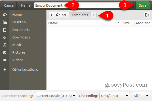 Uložte súbor šablóny Prázdny dokument do priečinka Šablóny v Ubuntu