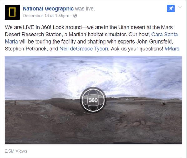 Facebook tento týždeň spustil video Live 360 ​​so správou National Geographic od zariadenia Mars Desert Research Station v Utahu.