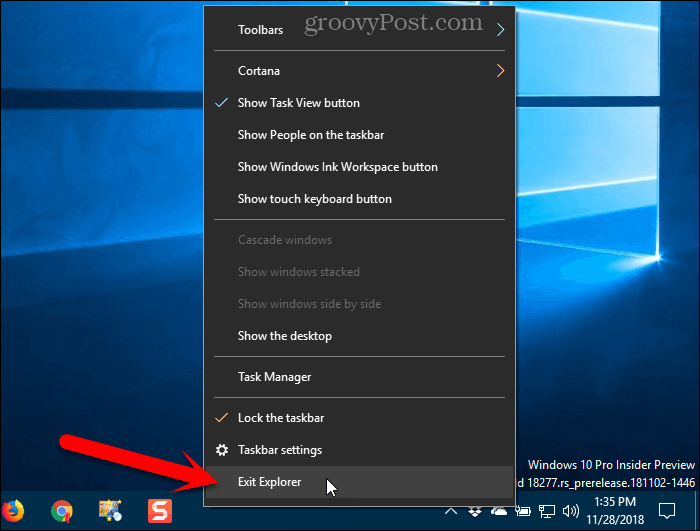 V kontextovej ponuke panela úloh systému Windows 10 vyberte položku Exit Explorer