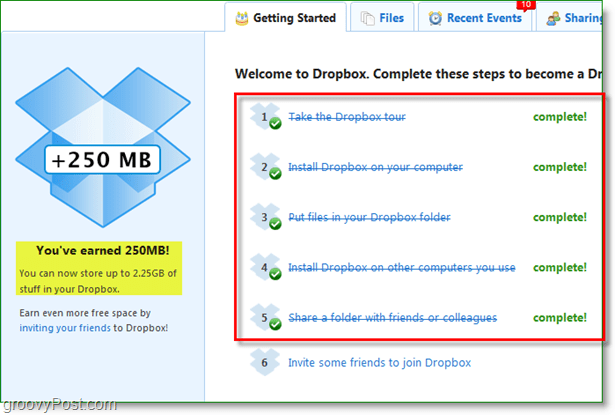 Screenshot Dropbox - 250 MB priestoru rýchlo odmenený