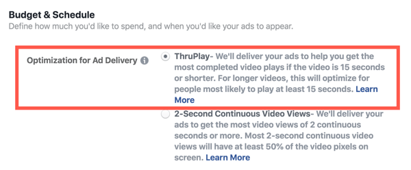 Optimalizácia Facebook ThruPlay pre videoreklamy, krok 2.