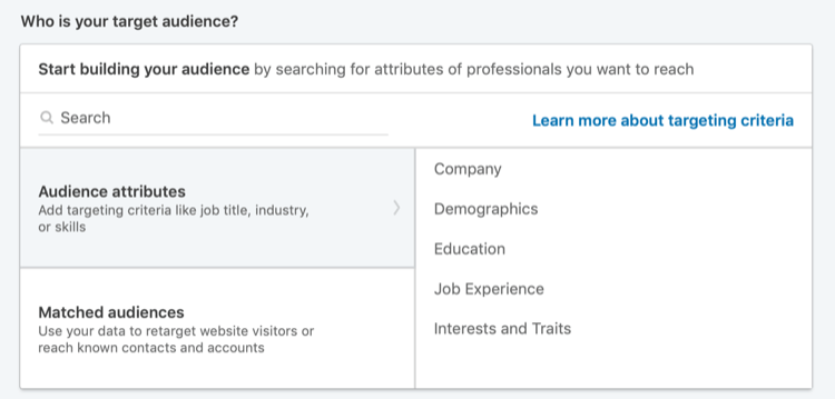 Sekcia Kto je vašim cieľovým publikom v aplikácii LinkedIn Campaign Manager