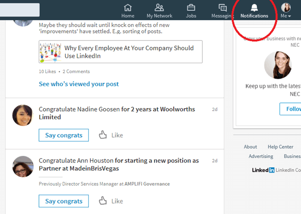 Keď kliknete na ikonu Upozornenia, LinkedIn zobrazí spojenia, ktoré mali nedávno špeciálnu príležitosť.