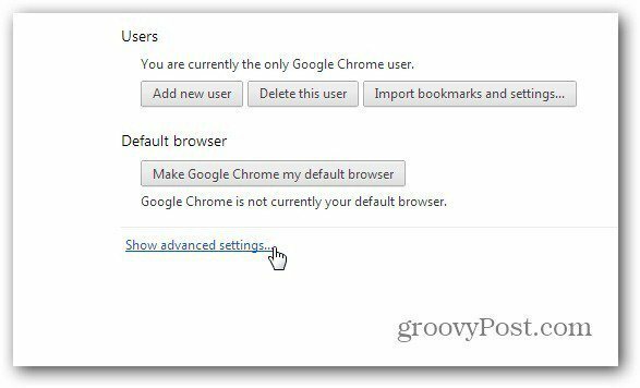 Chrome zobrazuje rozšírené nastavenia