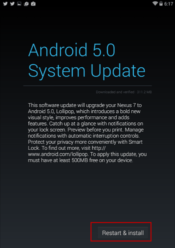 reštartujte zariadenie Nexus 7 a nainštalujte Android 5