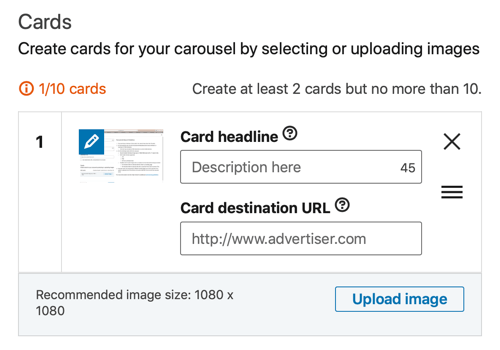 Ako vytvoriť karuselovú reklamu na generovanie kontaktov na LinkedIn, krok 5, nastaviť nadpis a cieľovú adresu URL