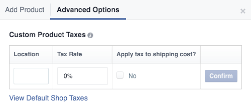 facebook shop vlastné dane z produktu