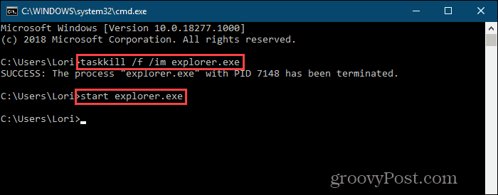 Zabite proces explorer.exe a reštartujte ho na príkazovom riadku v systéme Windows 10