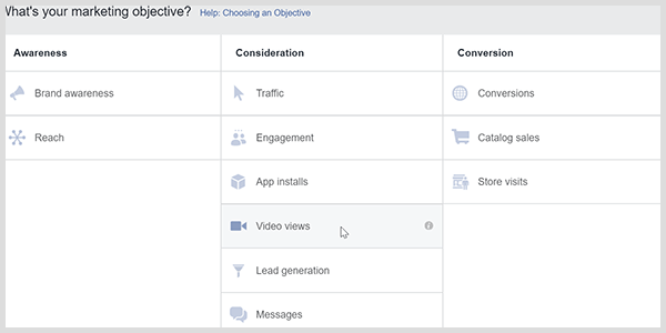 Facebook Ads Manager má cieľ sledovania videa, ktorý vyzýva Facebook, aby zacielil na ľudí, ktorí sledujú videá.