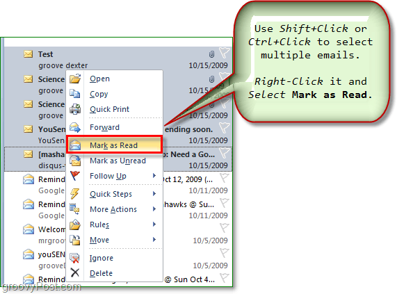 vyberte viac e-mailov a označte viac e-mailov ako prečítaných alebo neprečítaných v aplikácii Outlook 2010