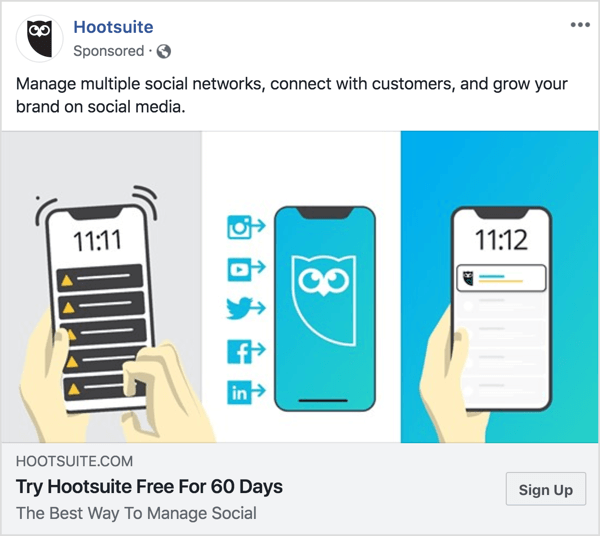 Správy v reklame na Facebooku Hootsuite sú jasné a výstižné. 