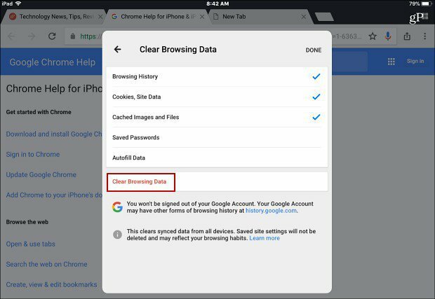 Vymazať údaje prehliadania Aplikácia Chrome pre iOS