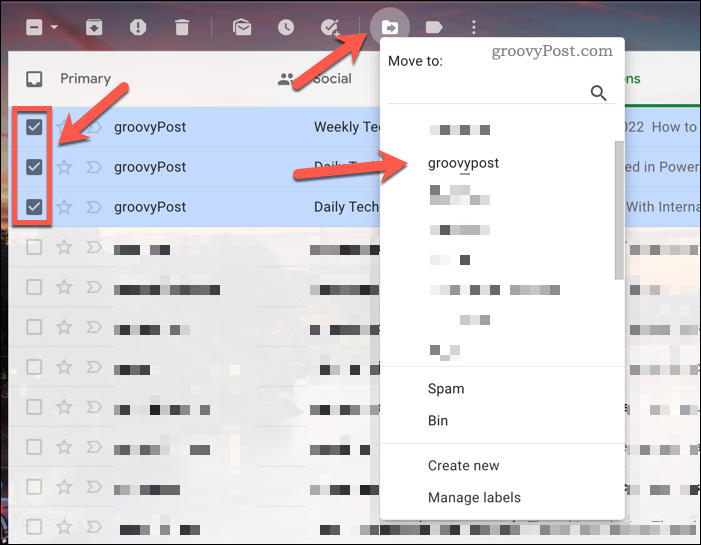 Presúvanie príspevkov v Gmaile