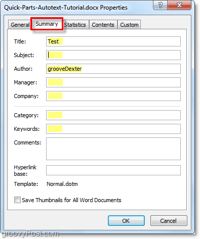 karta Súhrn umožňuje upravovať rozšírené vlastnosti dokumentu v aplikácii Word 2010