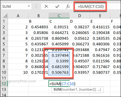 Vzorec Excel SUM s použitím rozsahu buniek