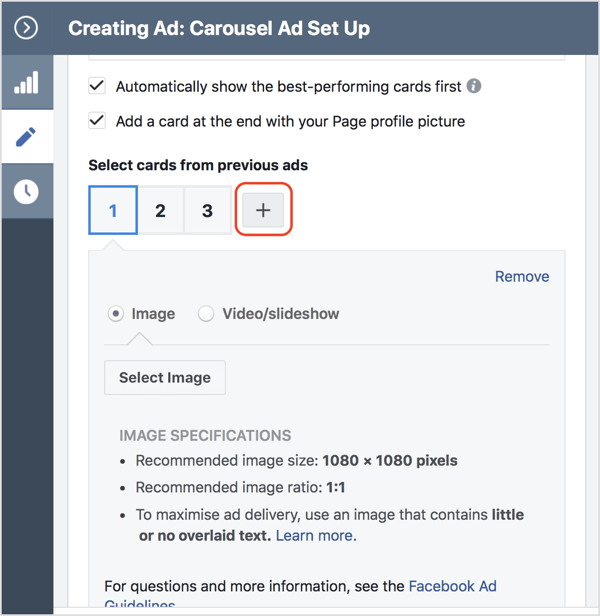 Kliknutím na ikonu + pridáte do svojej karuselovej reklamy na Facebooku kartu.