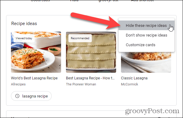 Na stránke Nová karta prehliadača Chrome vyberte možnosť Skryť tieto nápady na recepty