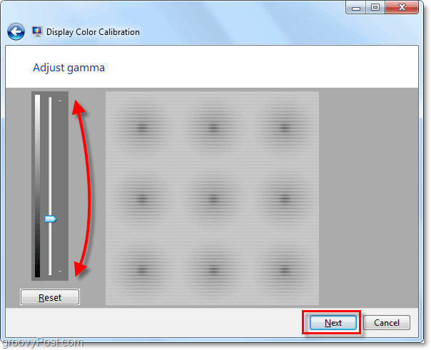 pomocou posúvačov posúvajte gama nahor a nadol tak, aby zodpovedal obrázku z predchádzajúcej stránky Windows 7