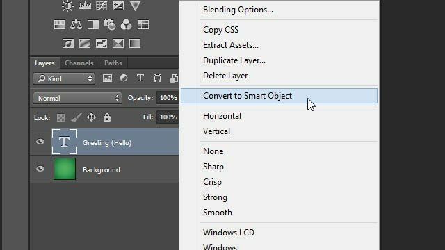 Cheat Photoshop Text Layer Transformers Vrstva panelu trikových vrstiev prevádza na inteligentnú vrstvu Smart Object Photoshop cheat