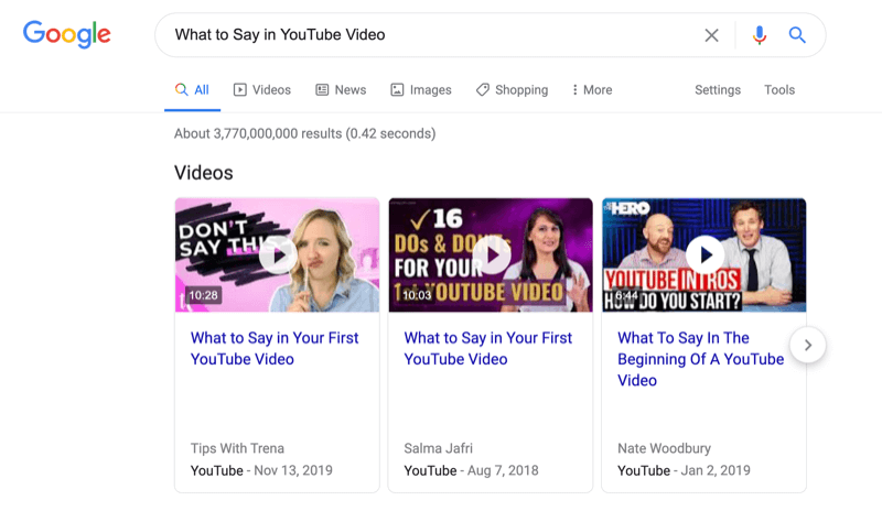 snímka obrazovky vyhľadávania Google, čo má byť povedané vo videu youtube, so zaznamenanými výsledkami vyhľadávania videí