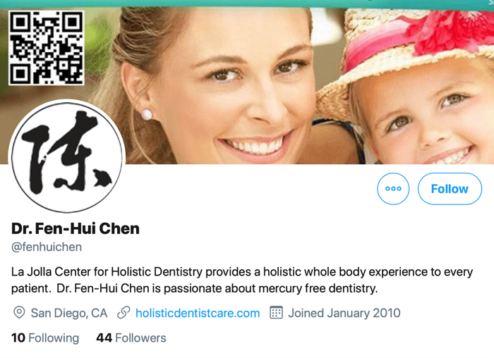 screenshot twitterového profilu pre @fenhuichen s odkazom na jej webovú stránku, kde sú k dispozícii kontaktné informácie a rezervácia schôdzky