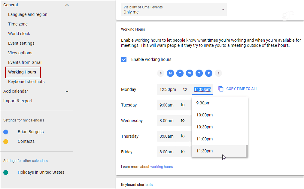 Nastavte pracovný čas pre jednotlivé dni Kalendár Google